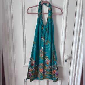 Vintage Women’s Uttam London Beaded Floral Green Cotton Halter Neck Dress Size S